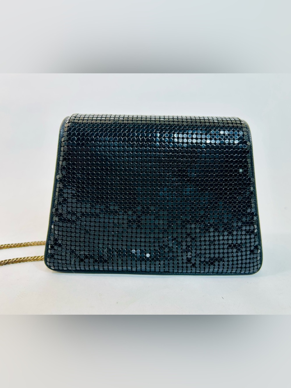 Vintage Whiting & Davis Black Metal Mesh Trapezoid Bag with Gold Chain Clutch